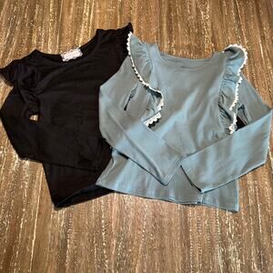 2-Pack Girls Max Studio btween Long Sleeve Ribbed Frill Tops Black Teal 7/8